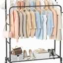 Sooyee Double Rod Clothing Rack with Wheels, 3 Tier Garment Racks for Hanging Clothes, Portable Clothes Rack with 4 Hooks for Bedroom, Laundry Room, Black