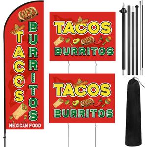 Tacos Burritos Feather Flag Pole Kit Include 7 ft Mexican Food Banner and Flag Poles Heavy Duty Ground Stake Tacos Burritos Sign Advertising Feather Banner for Restaurant