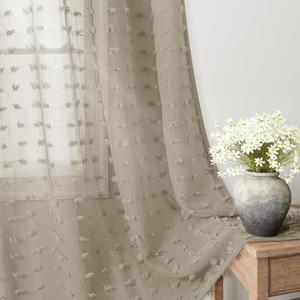 Guken Camel Sheer Curtains 63 Inch Length 2 Panels Sets for Living Room Bedroom 52 Inch Width Farmhouse Boho Drapes Light Filtering Pom Pom Curtains Tufted Semi Sheer Rod Pocket,W38xL63