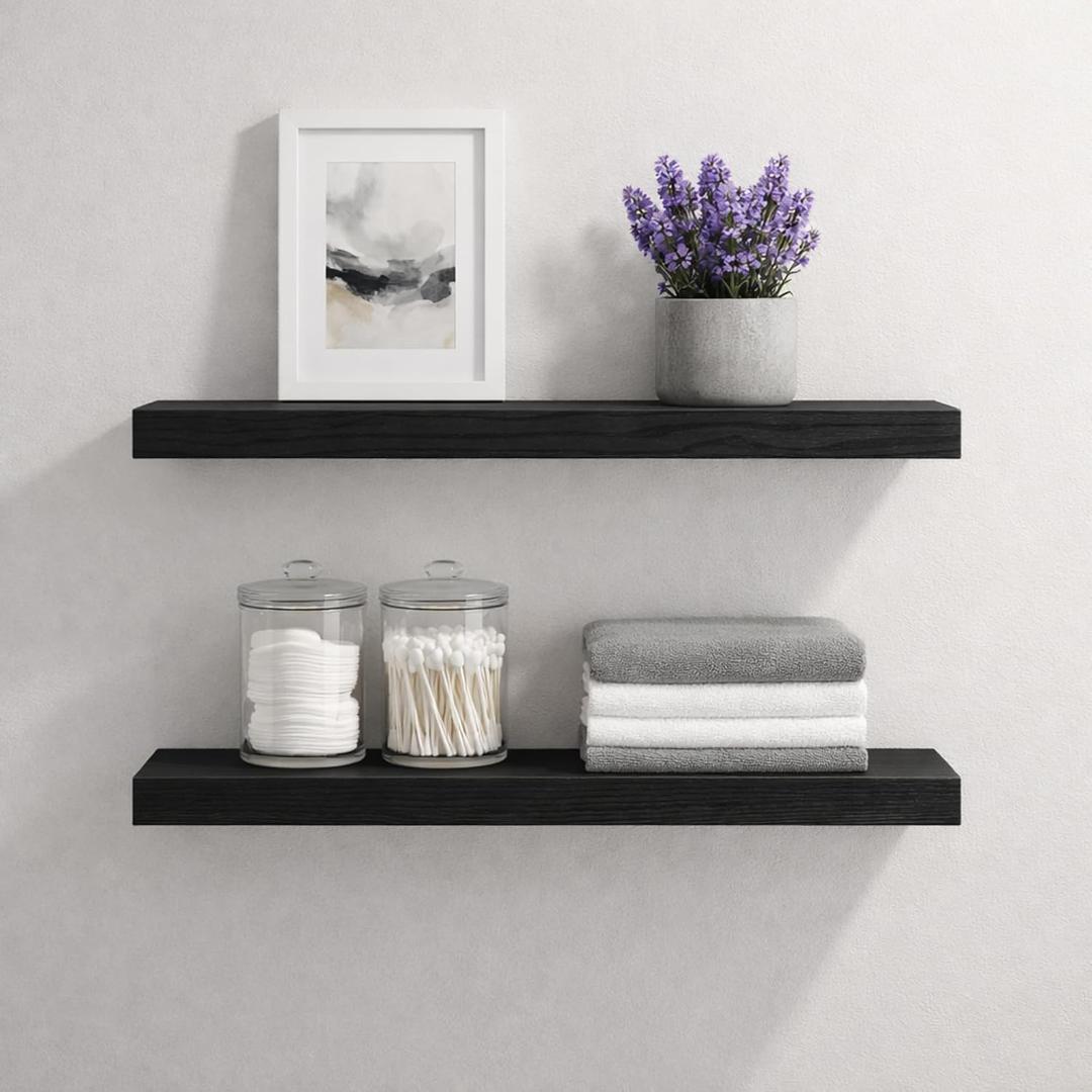 BGMG Wood Floating Shelves for Wall 24 inch,Black Floating Shelves,Solid Wood Wall Mount Shelves for Bathroom Living Room Bedroom Kitchen Farmhouse Set of 2-24x 6.7 x1.25 inch