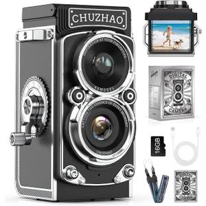 CHUZHAO Digital Camera Retro, Portable TLR Style Twin-Lens Vintage Camera, 12MP Autofocus 1080P FHD Point and Shoot Pocket Vlogging Retro Digital Cameras with16 GB Card for Beginners Teens Boys Girls (Black)