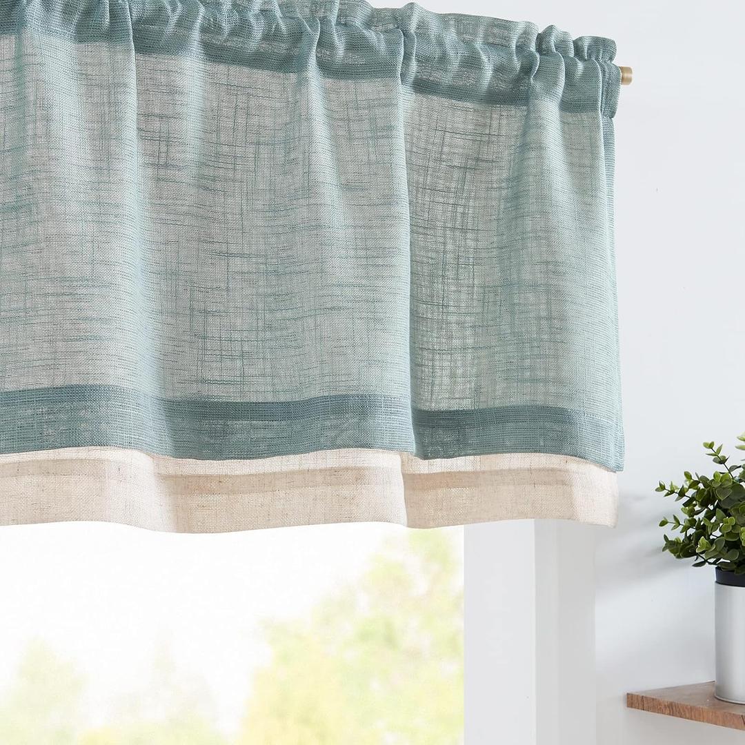 jinchan Linen Valance for Farmhouse Living Room Windows 16 Inch Slubbed Crossed Double Layer Window Valance Light Filtering Rustic Country Overlay Rod Pocket 1 Panel Blue Haze