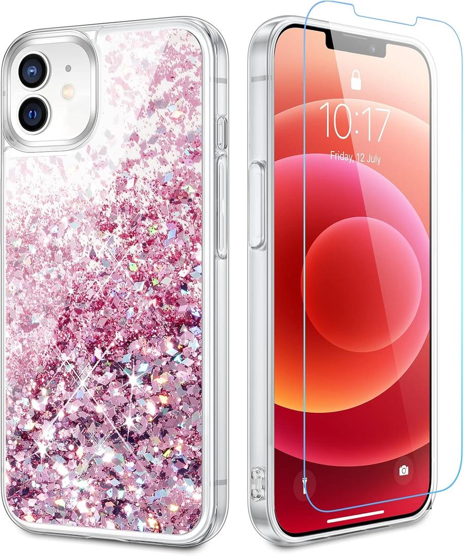 Caka Glitter Case for iPhone 12/12 Pro for Women Girls, Bling Sparkle Liquid Phone Cover with Screen Protector, Sparkly Girly Flowing Floating Moving Quicksand Accessories - Pink