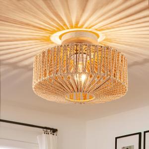 Boho Rattan Ceiling Light - Flush Mount Mini Chandelier Woven Light Fixture for Bedroom, Hallway, Entryway, Bathroom, Nursery (Brown-D30cm)