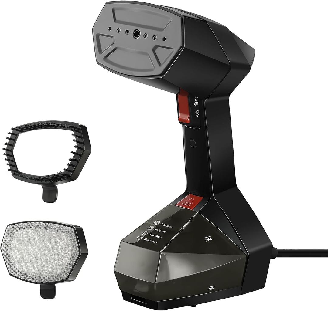 Sunbeam Professional 1575W Handheld Steamer for Clothes, Variable Temperature Control, 25-Second Fast Heat-Up, Bristle Brush, Delicate Fabric Attachment, Black and Red Finish (One Size)
