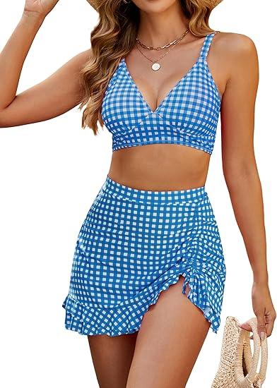 Blooming Jelly Women's High Waisted Bikini Sets Tummy Control Swim Skirt Two Piece Swim Suit 2025 Retro Swimsuit Medium, Blue White Plaid 
