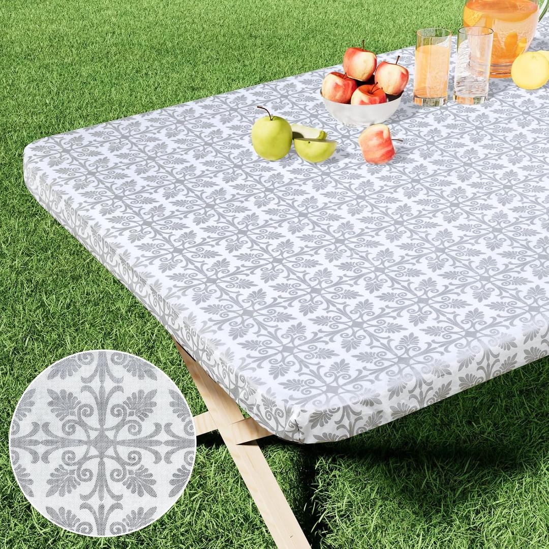 Rectangle Vinyl Table Cloth, Elastic Fitted Flannel Backed Tablecloth, Waterproof Plastic Table Cover Fits 8 Foot Folding Tables for Picnic, Camping, Outdoor (Silver Grey, 30" x 96")
