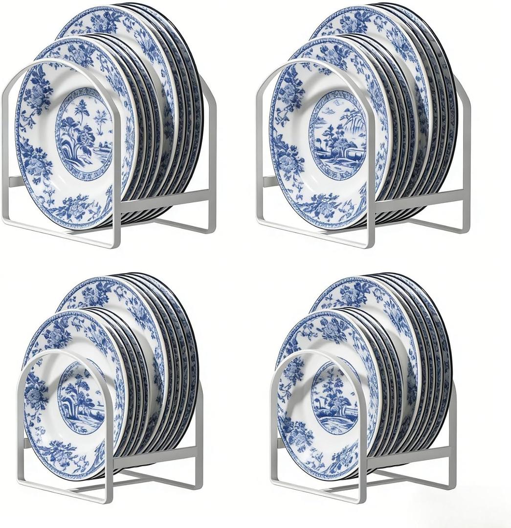4 Pack Kitchen Plate Holder Organizer for Cabinet Space Saver Dinner Dish Storage Rack Upright Dish Drying Racks Metal Plate Dish Racks Stand for Cupboard and Countertop 2 Large 2 Small White