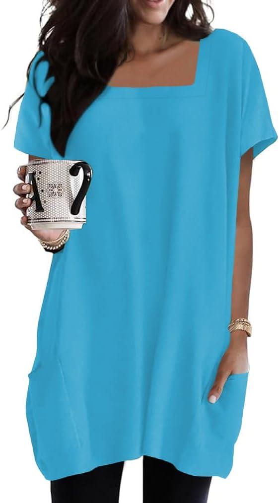 Poetsky 2026 Summer Tunic or Tops for Women to Wear with Leggings Square Neck Casual Long T Shirts with Pockets S-3XL (Blue, S)
