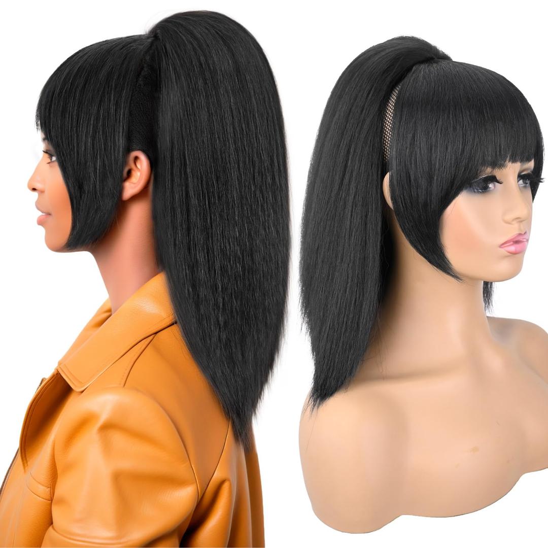 Ponytail Extension with Bangs for Black Women Yaki Straight Drawstring Ponytail with Bangs for Women Synthetic Hairpieces 16 inch Clip in Ponytail Extension for Daily Use(Natural Black)