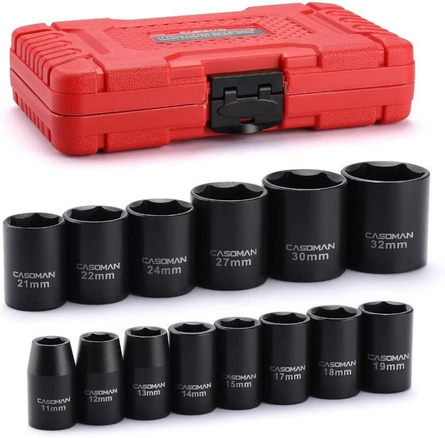 CASOMAN 8 Pieces 1/2-Inch Drive Shallow Impact Socket Set, Metric, 6-Point, 11mm to 32mm