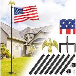 Flag Pole for Outside House, Outdoor Black Heavy Duty 10 FT Flag Pole Kit, for Residential or Commerical, Tangle Free Flagpole (Include American 3 X 5 Flag, 5 Pronges Base, Eagle Shaped Head)