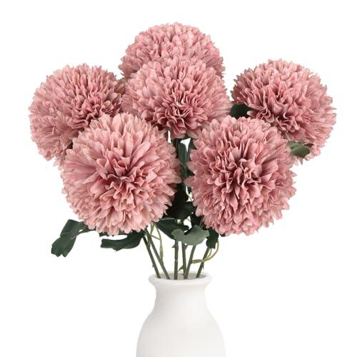 IPOPU 6PCS Pink Artificial Chrysanthemum Flowers 21.6’’ Long Stem Fake Mums Silk Faux Bouquet for Floral Arrangements Home Wedding Dining Table Party Garden Decoration(Pink)