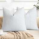 YCOLL Farmhouse Pillow Covers 26x26, Modern Accent Square Throw Pillow Covers Set of 2, Light Blue and Beige Striped Patchwork Linen Decorative Cushion Covers for Couch Chair Bedroom Home Decor