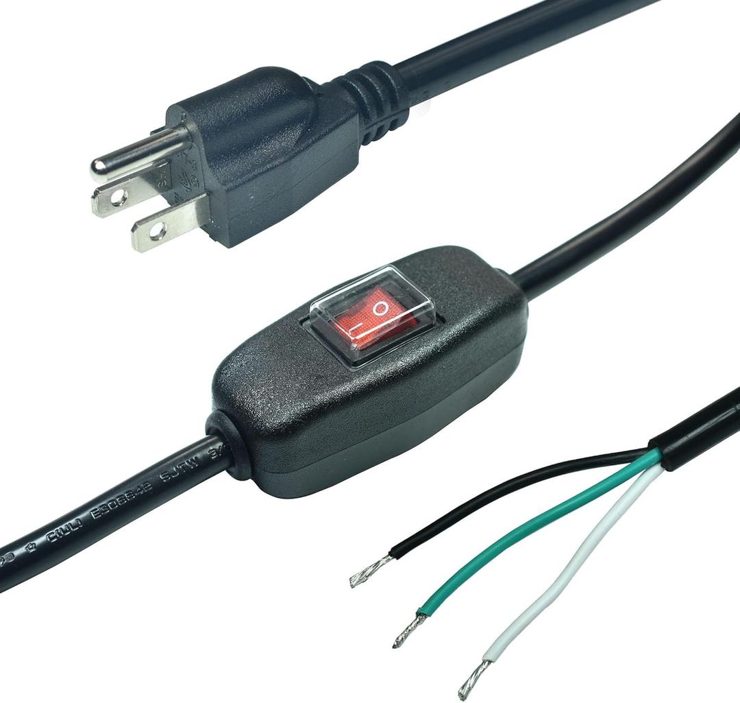 FILSHU 10FT 18 Gauge 3 Prong AC Power Cord Cable with ON/Off Switch, Pigtail (Open End Wiring), NEMA 5-15 Plug SJTW 18AWG 10A125VAC