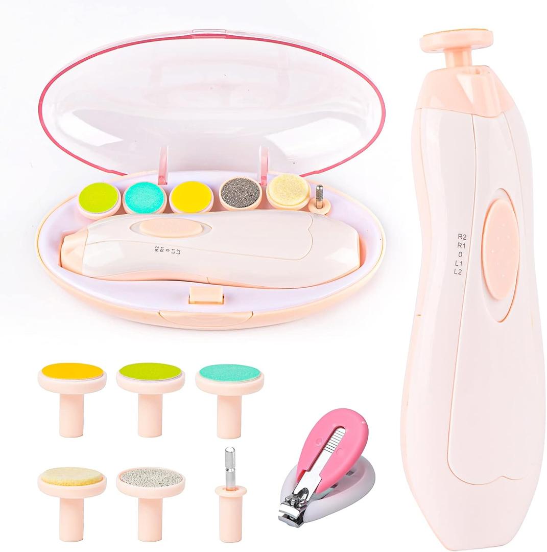 Baby Nail Filer and Baby Nail Clippers with Light Set, Lupantte Electric Infant Nail Trimmer Kit, for Newborn Toddler Kids Toes and Fingernails, Polish and Trim. (Pink).