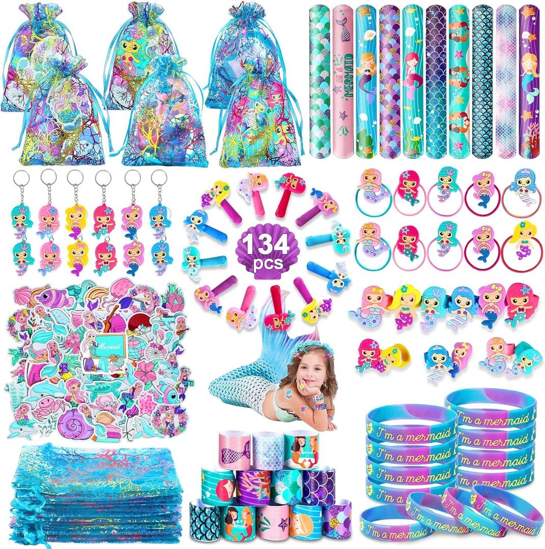 Eunvabir 134Pcs Mermaid Party Favors for Kids, Mermaid Birthday Party Decorations Toys for Girls, Goodie Bag Pinata Gifts for Classroom Prizes