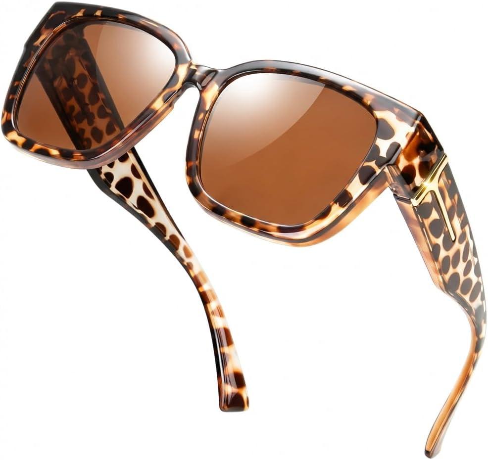 Yogo Vision Polarized Fit Over Glasses Sunglasses for Women Men Wear Over Eyeglasses 100% UV Protection (Leopard Frame With Brown Lens)