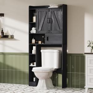 ChooChoo Over The Toilet Storage Cabinet, Farmhouse Bathroom Storage Cabinet with Barn Doors, Sliding Drawer, Adjustable Shelves, Space-Saving, Black