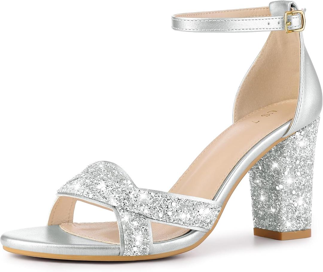 Allegra K Women's Glitter Ankle Strap High Chunky Heel Sandals (Silver, M) US 8.5