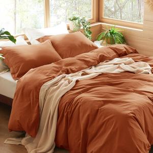 Bedsure 100% Washed Cotton Duvet Cover Queen Size - Burnt Orange Minimalist Duvet Cover Linen Like for All Seasons - GentleSoft™ Plain Simple Bedding, 3 Pieces (Burnt Orange, Queen, 90"x90")