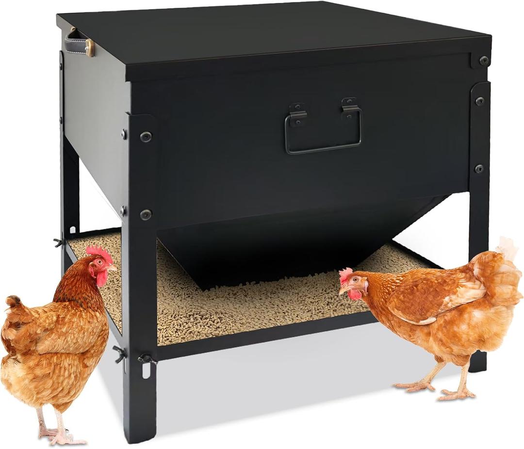 Metal Chicken Feeder No Waste, Large Capacity Poultry Feeder, Adjustable Galvanized Steel Chicken Coop Feeder with Lid and Handle