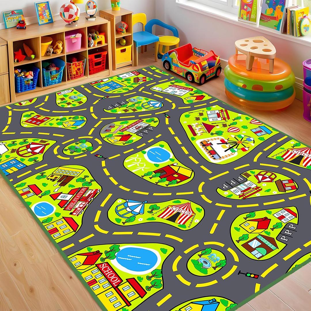 Car Rug Play Mat 2.6x5 Feet, Car Road Rug for Kids City Road Map Carpet Educational Learning Play Carpet Kids Play Rugs for Playroom Classroom Bedroom