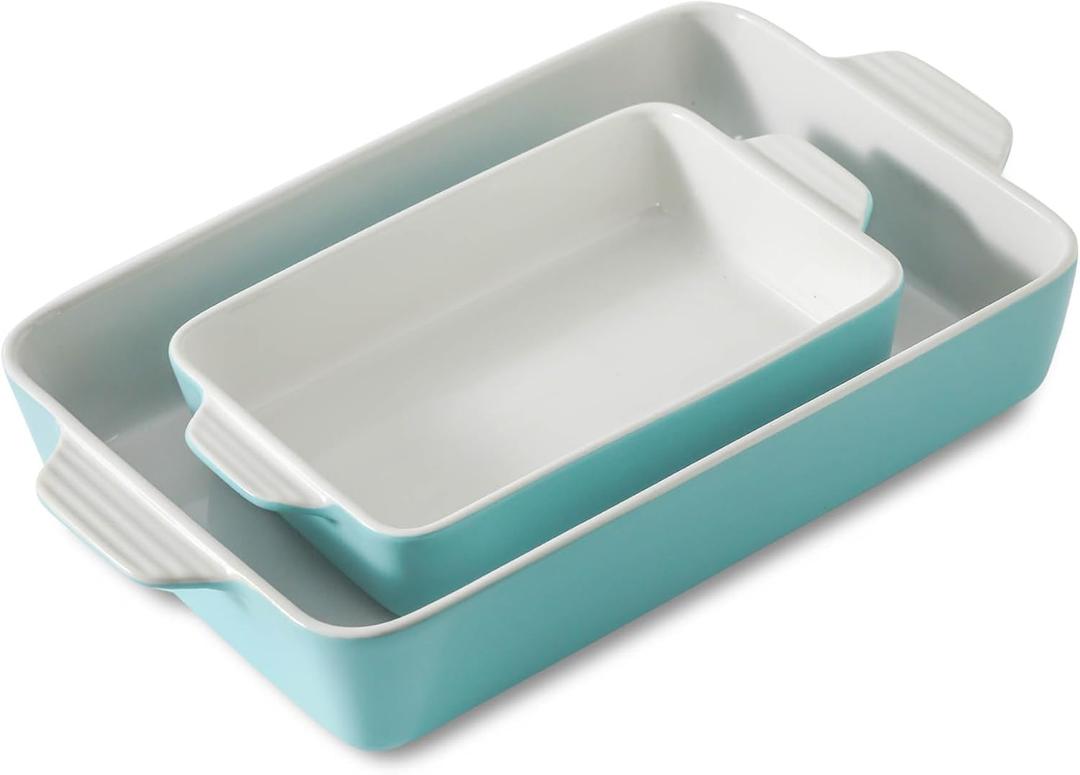 Ceramic Baking Casserole Dish with Handles, Large 9x13 inch Pan and Middle Baking Pan - Porcelain Serving Bakeware Set (Light Blue, 2 pc)