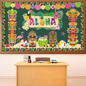 2 x Summer Bulletin Board Decoration Aloha Cutouts Summer Hawaiian Luau Holiday Classroom Decoration Coconut Tropical Palm May Tiki Totem Flamingo Cutout for School Window Chalkboard Wall Decor