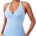 YEOREO Womens Halter Tank Tops Workout Impact Longline Strappy Top Padded Deep V Neck Wrap Gym Backless Bra Camisole Sky Bule S