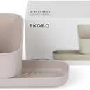 EKOBO Bamboo kitchen Sink Caddy Organizer, Stone, 2Piece Countertop kitchen sponge holder with divider and ribbed tray for soap or brushes, removable Cup, dripReservoir, dishwasherSafe