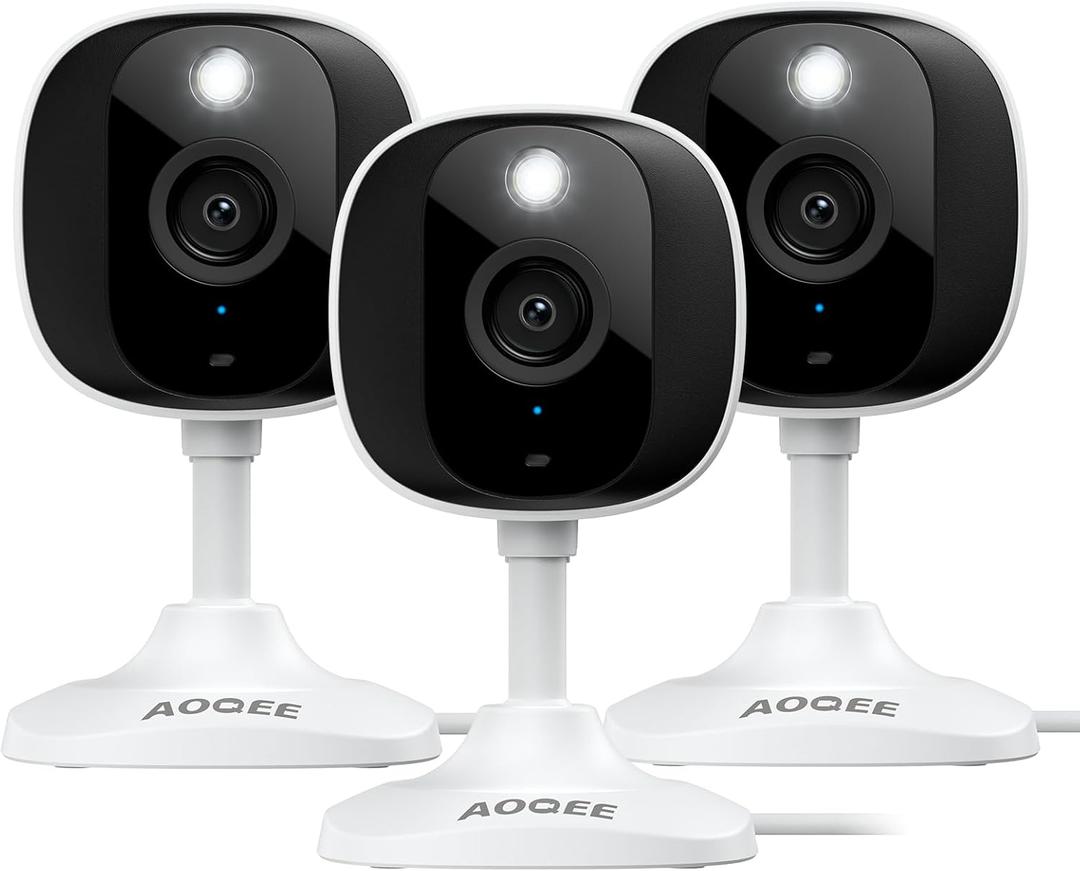 AOQEE 2K Cameras for Home Security-Outdoor/Indoor Camera for Dog/Cat/Pet/Nanny/Baby/Elderly, Color Night Vision, White Light, Siren, 24/7 SD Recordings, Works with Alexa, Plug in (C1-White-3pack-2.4G)