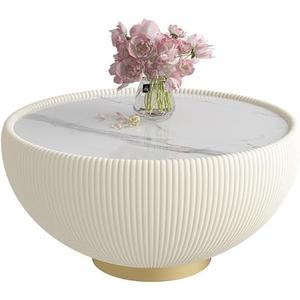 Modern Round Coffee Table, Stone Top Coffee Table, Marble Pattern Tabletop Leather Edge Sofa End Table with Metal Base, Luxurious Side Table for Living Room Office (White,28x14.2)
