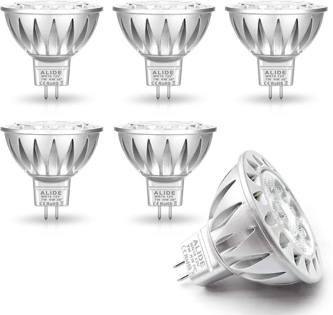 ALIDE MR16 7W 4000K Natural White Led Bulbs,50W 75W Halogen Equivalent,12V Low Voltage MR16 GU5.3 Bulb Spotlight for Outdoor Landscape Flood Track Lighting 560lm,38 Deg,6 Pack Not Dimmable