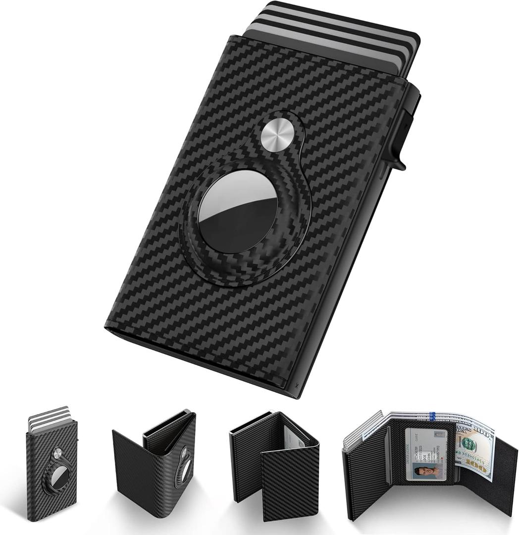 Typecase AirTag Wallet for Men: Compatible with Apple AirTag (1st & 2nd Generation), RFID Blocking, Genuine Leather, Slim & Minimalist Design - 14 Card Capacity | ID Window | Cash Slot (Carbon Fiber)