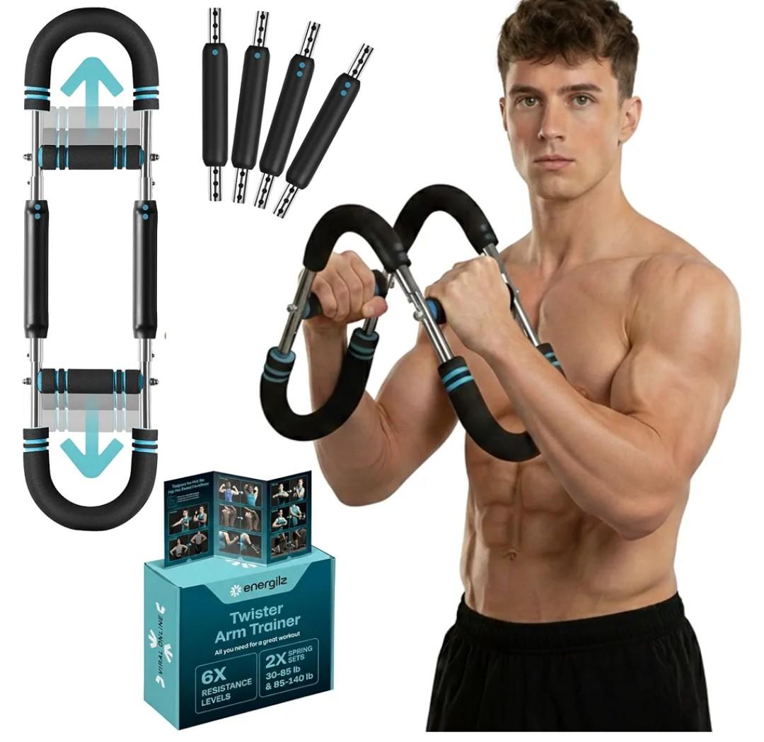 Twister Arm Trainer | Chest Workout Equipment Also for Biceps, Shoulders, Forearms, Back, Legs; Arm Chest Trainer for Men, Women, Beginners, Pros | 2 Spring Sets, 6 Resistance Levels (Blue)