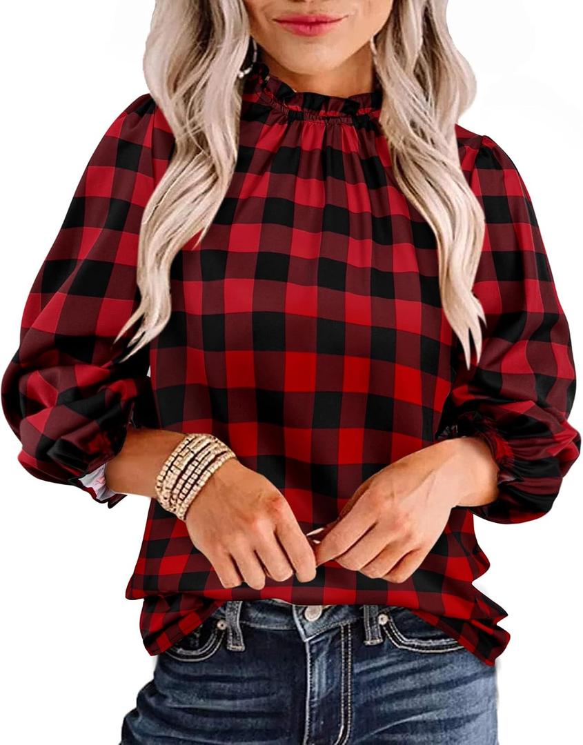 Avanova Women Buffalo Plaid Shirts Blouses Dressy Casual Business Work 3/4 Sleeve Length Tops Red Black X-Large (Red, XL)