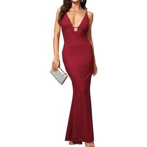 JKMNAO Women Sequin Sexy Maxi Dress Cocktail Long Formal Wedding Guest V Neck Sparkly Dresses Wine, XS