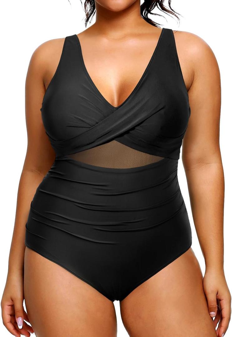 Yonique Plus Size Swimsuit One Piece Bathing Suits for Women Tummy Control Slimming Swimwear (Black Mesh), 22W