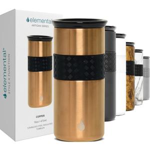 Elemental Artisan Insulated Tumbler, Triple Wall Coffee Travel Mug, Reusable Stainless Steel Coffee Tumbler with Ceramic Lid, Thermal Coffee Cups for Hot (6 Hrs) & Cold (18 Hrs), 16oz - Copper