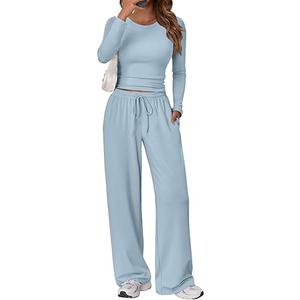 Trendy Queen Women's 2 Piece Matching Lounge Set Long Sleeve Side Ruching Top Wide Leg Drawstring Pants Set with Pockets (Oatmeal Grey), Small