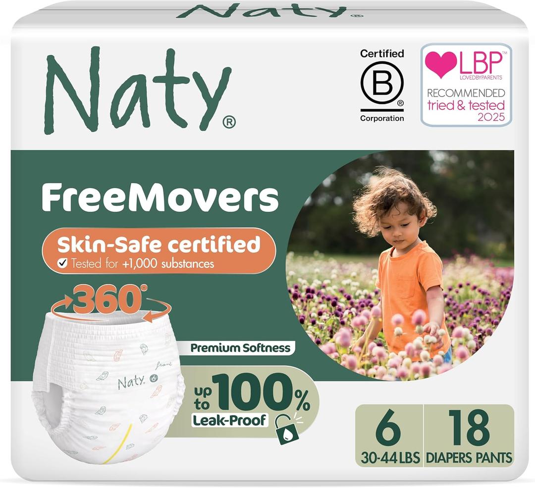 Naty FreeMovers Pull Up Training Pants for Sensitive Skin | Hypoallergenic Potty Training Underwear | Absorbent & Leak-Proof for Toddler | Soft, Unscented | Size 6, 4T-5T (30-44 lbs), 18 Count