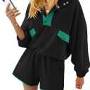 Fisoew Womens 2 Piece Sets Sweatsuits Casual Half Button Color Block Sweatshirts Running Shorts Tracksuits Fall Outfits (Black, L)
