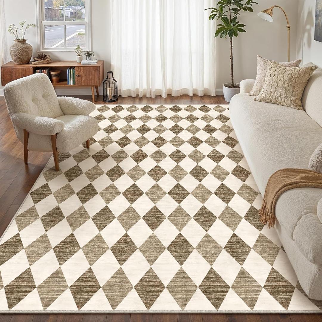 6x9 Checkered Brown Area Rug for Living Room Bedroom Washable Soft Modern Non Slip Large Throw Rug Lightweight Low Pile Neutral Carpet Office Dining Room Classroom Playroom