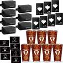 Amylove 7 Sets Groomsmen Gifts Set Wedding Proposal Gift 16 oz Beer Glass Cup Toiletry Bag and Bottle Opener Cap for Best Man PU Leather Cosmetic Bags with Zipper Greeting Card for Wedding(Black)