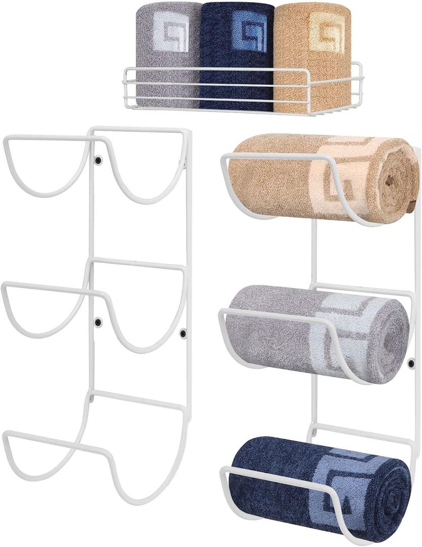 NearMoon Towel Rack Wall Mounted- All Metal Bathroom 2 Towel Rack Holders+ Hand Towel Storage Basket, Rustproof 3 Level Rack Organizer for Hand Towels, Washcloths, 2+1 Pack (White)