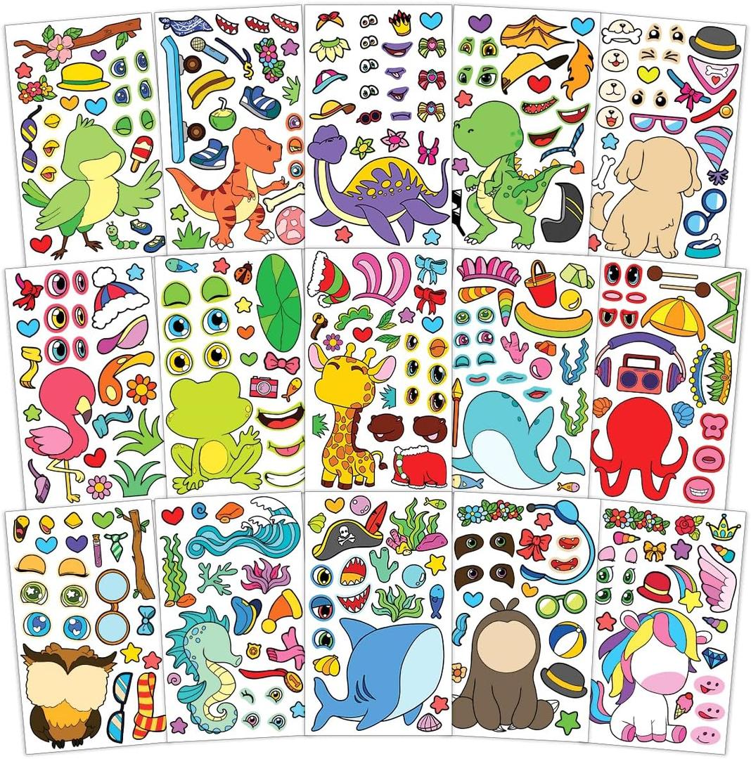 2 x 15 Sheets Make Your Own Animal Stickers for Kids Girls Boys Toddlers Create A Face Decal Large Print Pack Custom Waterproof Decals Party Favors Set Craft Sticker Books Supplies (Style 2)