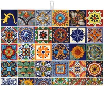 Talavera Tiles Dish Drying Mat for Kitchen Counter, 18 x 24 Inch Microfiber Dish Mats for Drying Dishes, Absorbent Dish Drying Pad Talavera Kitchen Decor Rack Mat