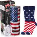 Tanlade 2 Sets American Flag Water Tumbler, Veterans Day Gifts Patriotic Cup with Socks Party Gift, Patriotic Party Supplies for Men Women, 20 oz Insulated Vacuum Cups with Lid