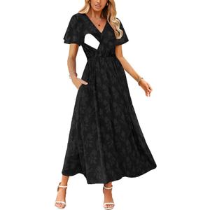 CzzzyL Women's Nursing Boho Floral Dress Flowy Casual V Neck Short Sleeve Wedding Guest with Pockets (S)